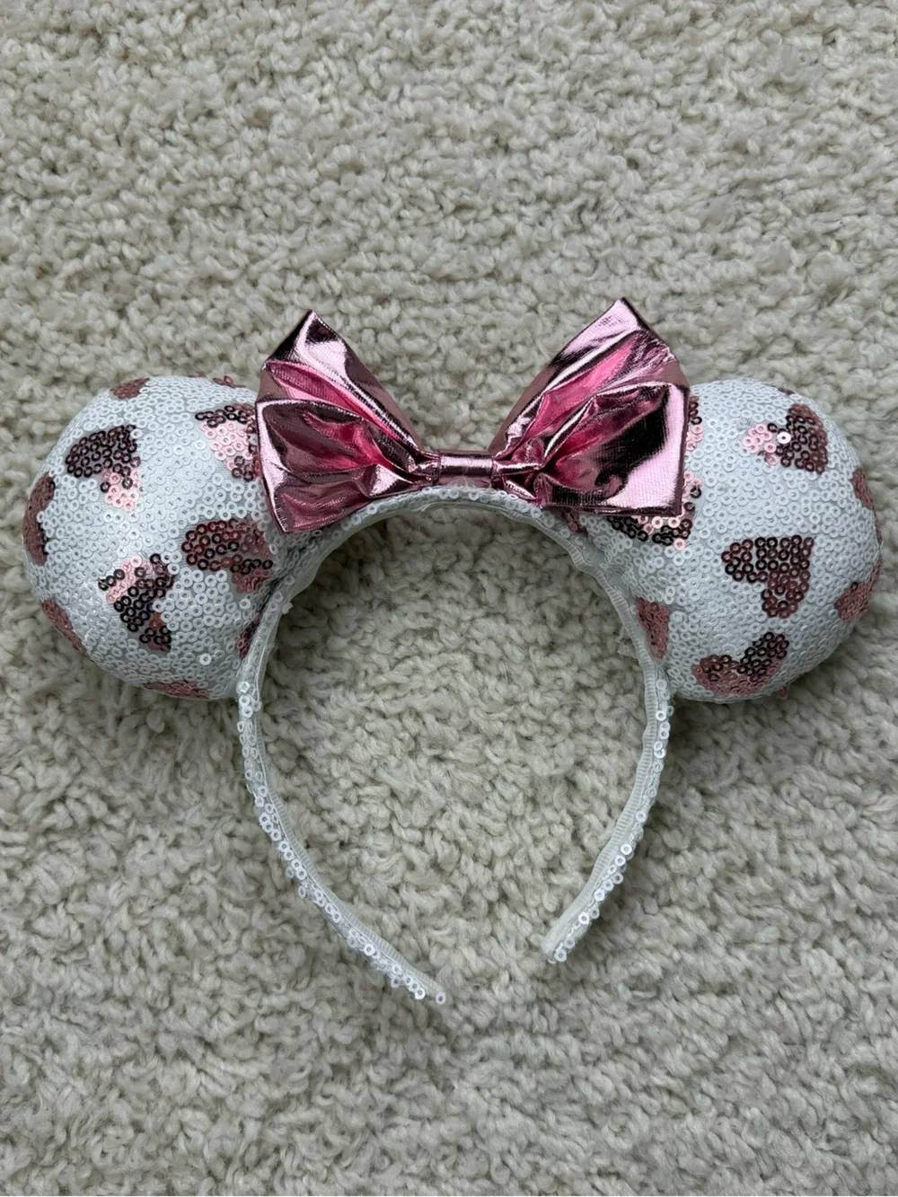 Sequin Heart Minnie Ears Headband - White & Pink